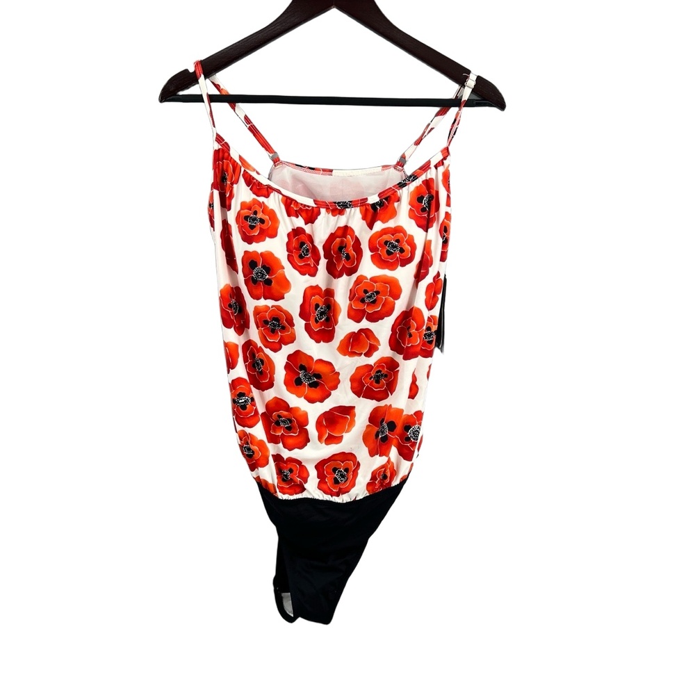 Jones New York Floral One Piece Swimsuit Tummy Control Red Poppies Size 12 New